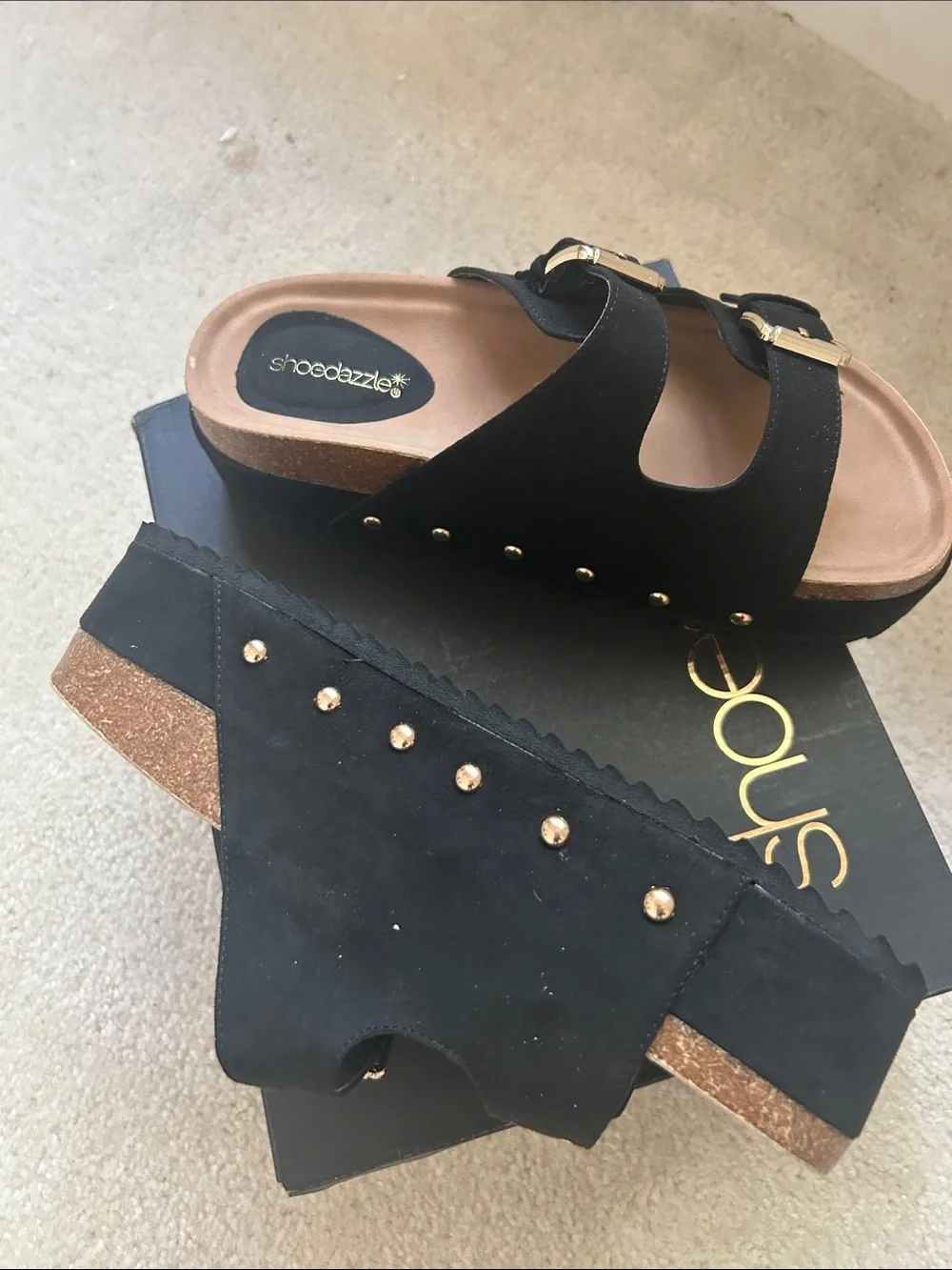 Shoe Dazzle Black Double Buckle Platform Sandals with Gold Hardware